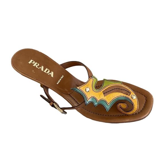 PRADA Leather Seahorse Sandals Kitten Heel Cognac Brown Green Yellow 5.5 - Picture 3 of 14
